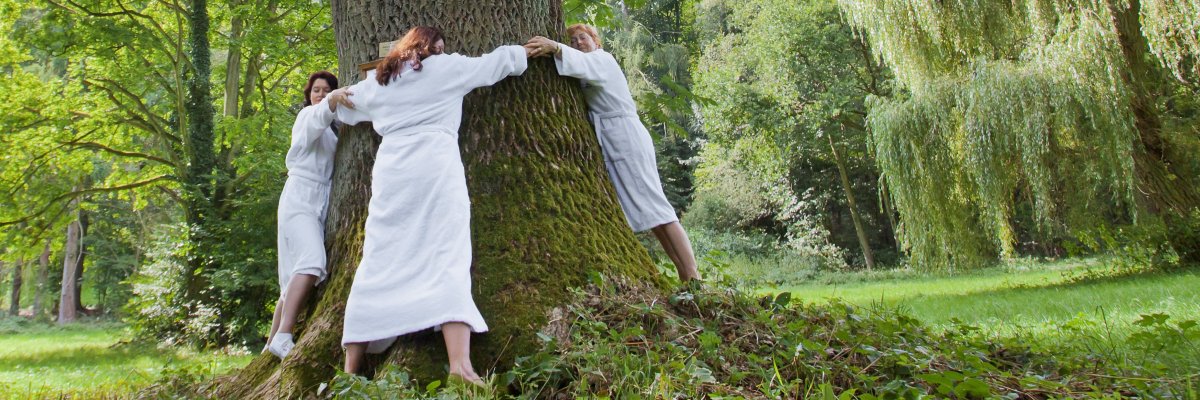 Drei Frauen im weißen Bademantel halten sich an den Händen und umspannen so einen dicken Baum.